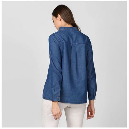 Rosolly Women's Denim Solid Long Sleeves Top (Blue)