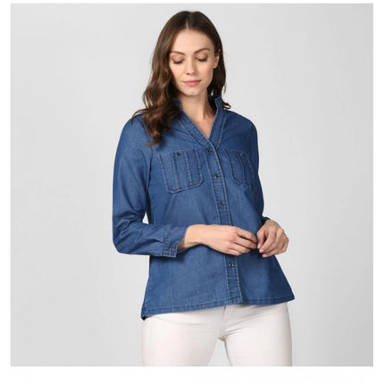 Rosolly Women's Denim Solid Long Sleeves Top (Blue)