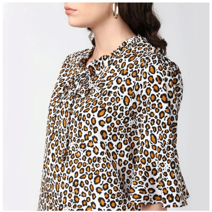 Rosolly Women's Polyester Animal Print Bell Sleeve Top (Orange - Black)