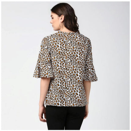 Rosolly Women's Polyester Animal Print Bell Sleeve Top (Orange - Black)