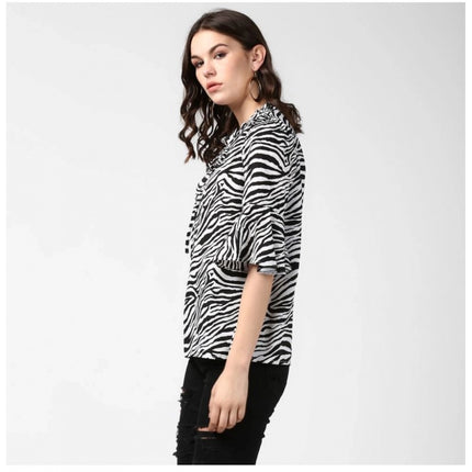 Rosolly Women's Polyester Animal Print Bell Sleeve Top (Black - White)