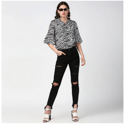 Rosolly Women's Polyester Animal Print Bell Sleeve Top (Black - White)