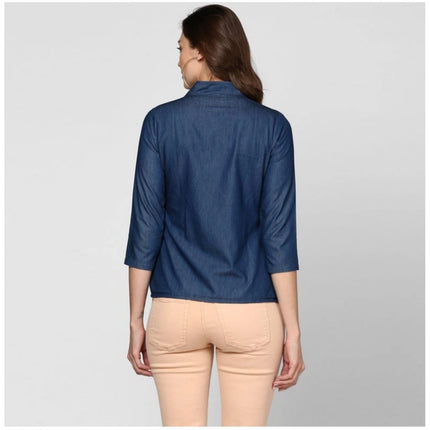 Rosolly Women's Denim Solid 3-4th Sleeves Top (Blue)