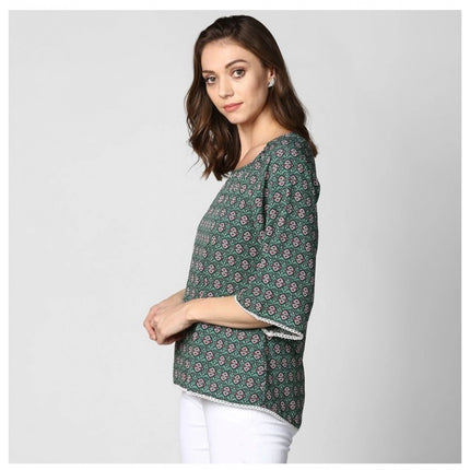 Rosolly Women's Polyester Printed 3-4th Sleeves Top (Green)