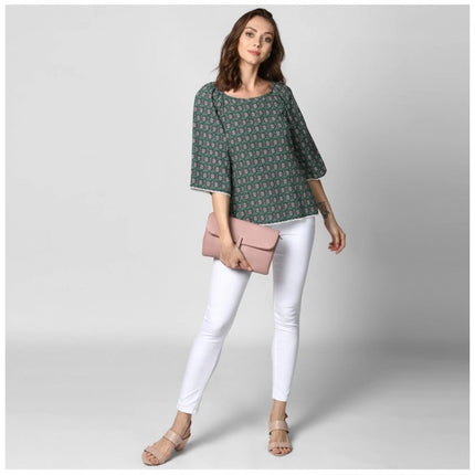 Rosolly Women's Polyester Printed 3-4th Sleeves Top (Green)