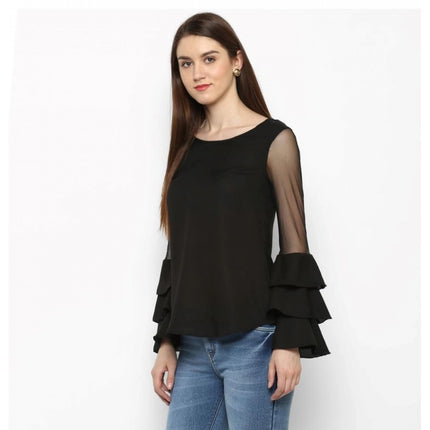 Rosolly Women's Polyester Solid Tier Sleeve Top (Black)