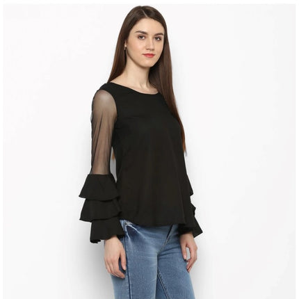 Rosolly Women's Polyester Solid Tier Sleeve Top (Black)