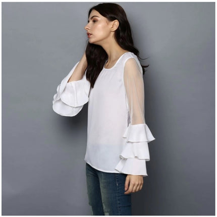 Rosolly Women's Polyester Solid Tier Sleeve Top (White)