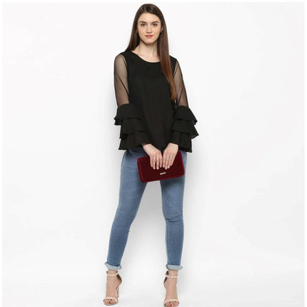 Rosolly Women's Polyester Solid Tier Sleeve Top (Black)