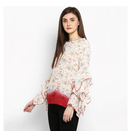 Rosolly Women's Rayon Crepe Printed Ruffle Sleeve Top (Off White - Red)