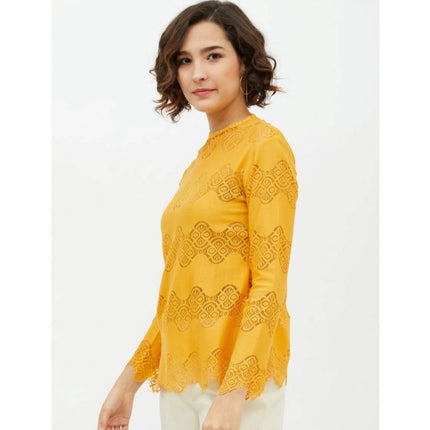 Rosolly Women's Cotton Lace Inserts Long Sleeves Top (Yellow)