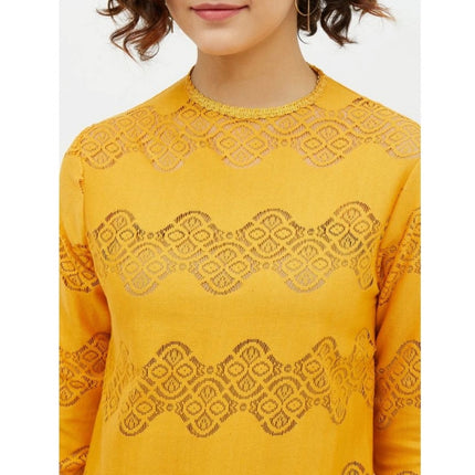 Rosolly Women's Cotton Lace Inserts Long Sleeves Top (Yellow)