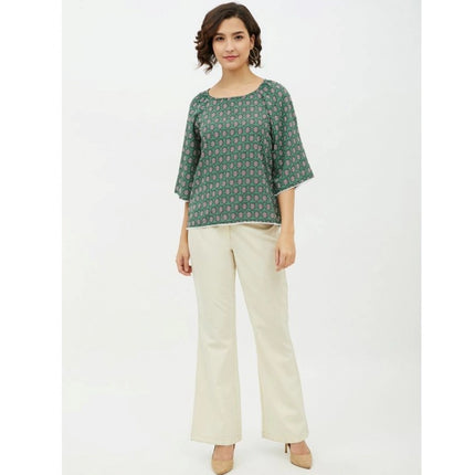 Rosolly Women's Polyester Printed 3-4th Sleeves Top (Green)