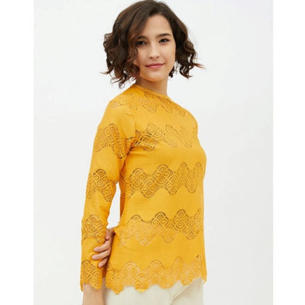 Rosolly Women's Cotton Lace Inserts Long Sleeves Top (Yellow)