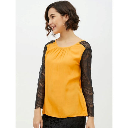 Rosolly Women's Rayon Lace Inserts Long Sleeves Top (Yellow)