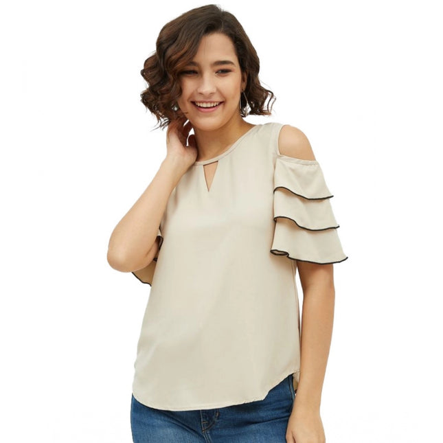 Rosolly Women's Polyester Tiered Cold Shoulder Top (Beige)