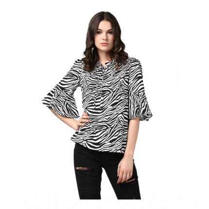 Rosolly Women's Polyester Animal Print Bell Sleeve Top (Black - White)