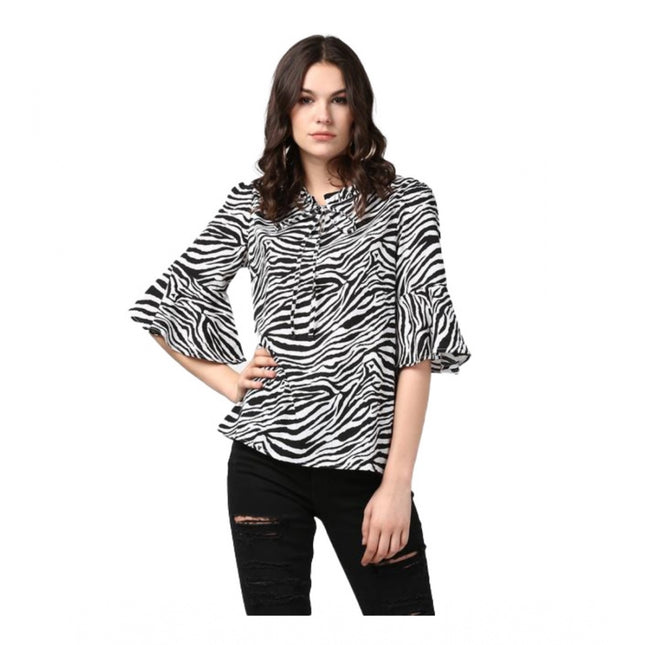 Rosolly Women's Polyester Animal Print Bell Sleeve Top (Black - White)