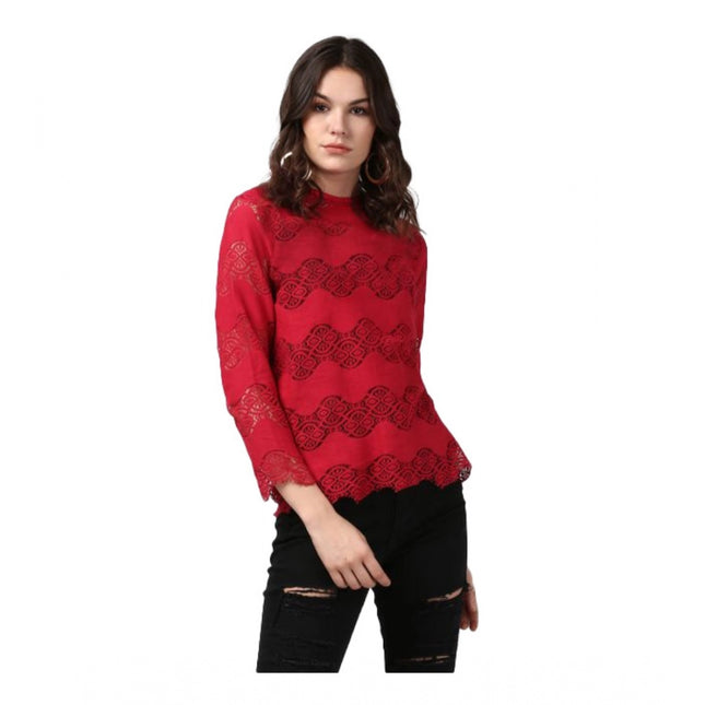 Rosolly Women's Cotton Self Design Long Sleeves Top (Maroon)