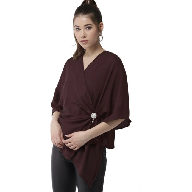 Rosolly Women's Polyester Solid Cape Sleeve Top (Maroon)
