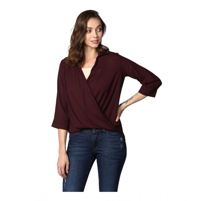 Rosolly Women's Polyester Solid 3-4th Sleeves Top (Maroon)