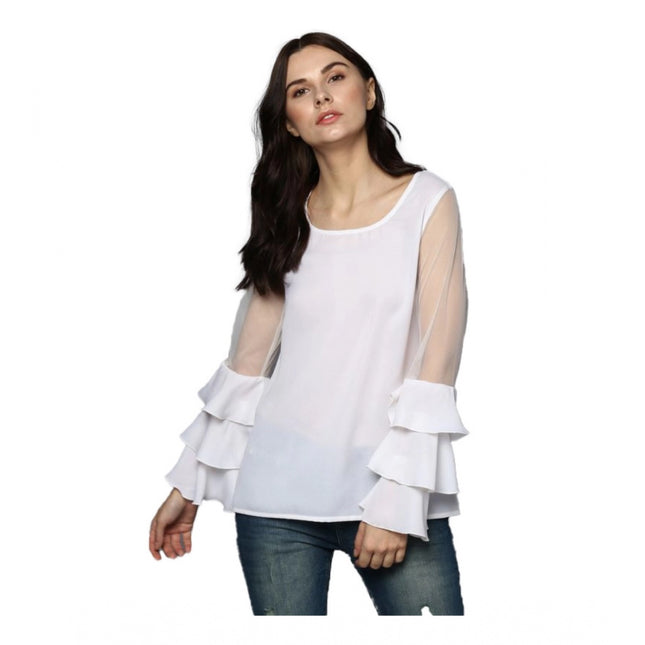 Rosolly Women's Polyester Solid Tier Sleeve Top (White)