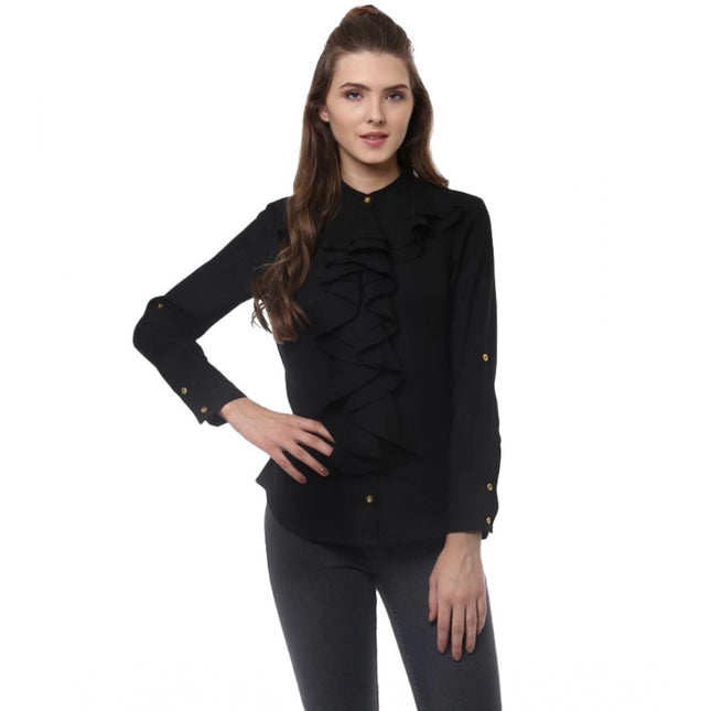 Rosolly Women's Polyester Ruffled Long Sleeves Top (Black)