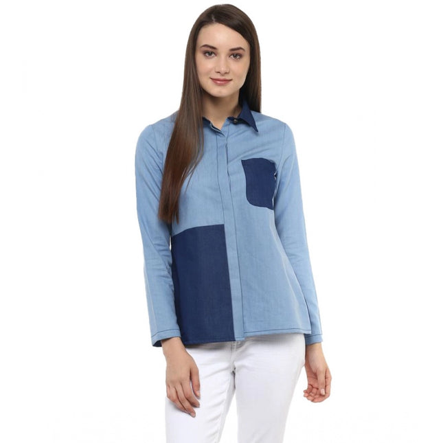 Rosolly Women's Denim Patch Work Long Sleeves Regular Top (Blue)