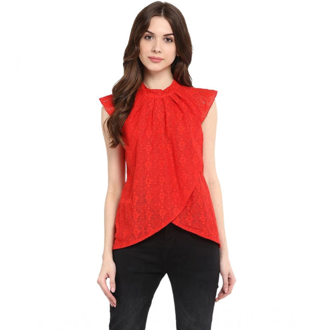 Rosolly Women's Cotton Lace Embellished Cap Sleeve Regular Top (Red)