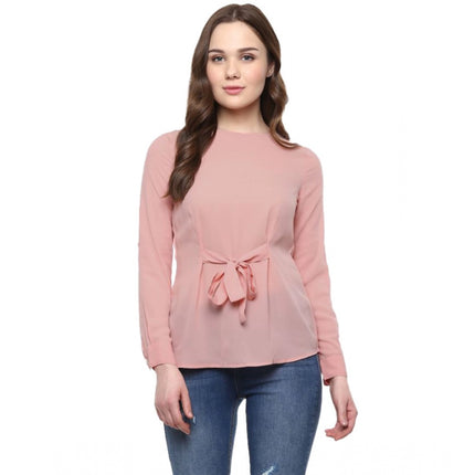 Rosolly Women's Polyester Solid Long Sleeves Regular Top (Pink)