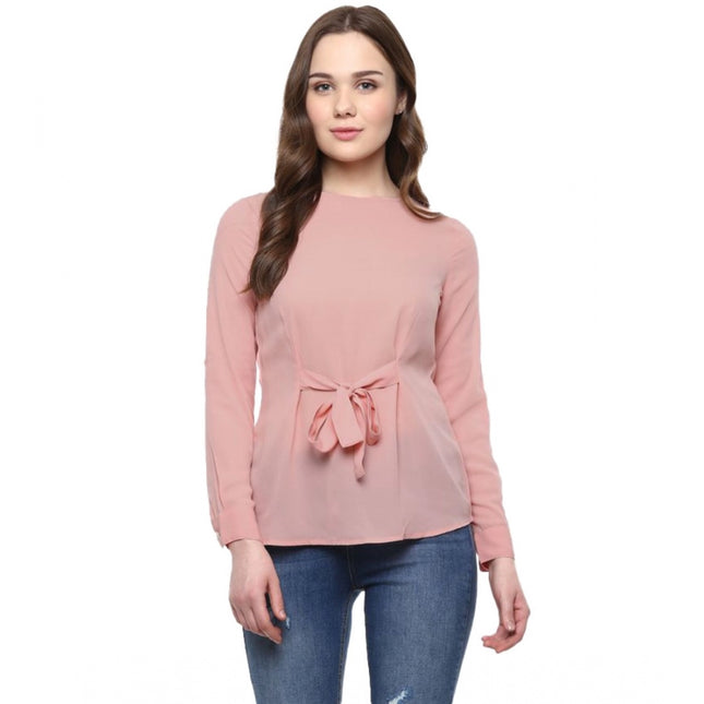 Rosolly Women's Polyester Solid Long Sleeves Regular Top (Pink)