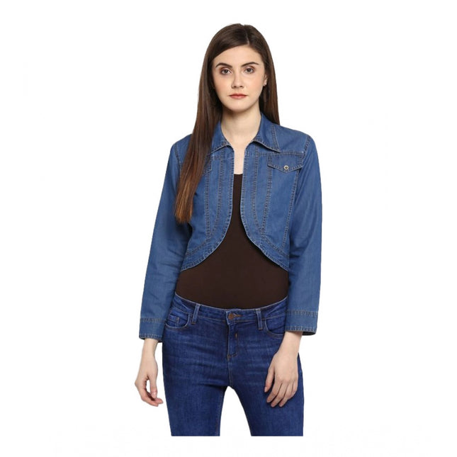 Rosolly Women's Denim Solid 3-4th Sleeves Shrug (Blue)