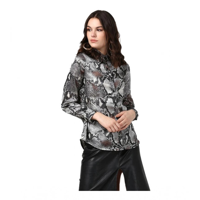Rosolly Women's Satin Animal Print Long Sleeves Standard Length Shirt (Black - Grey)