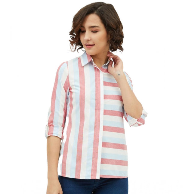 Rosolly Women's Cotton Striped Long Sleeves Standard Length Shirt (Pink)