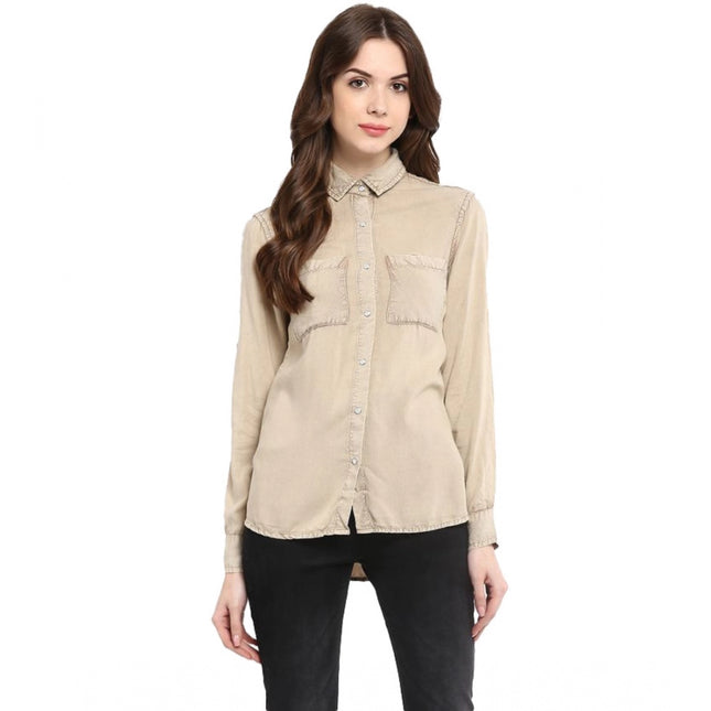Rosolly Women's Rayon Solid Long Sleeves Standard Length Shirt (Beige)