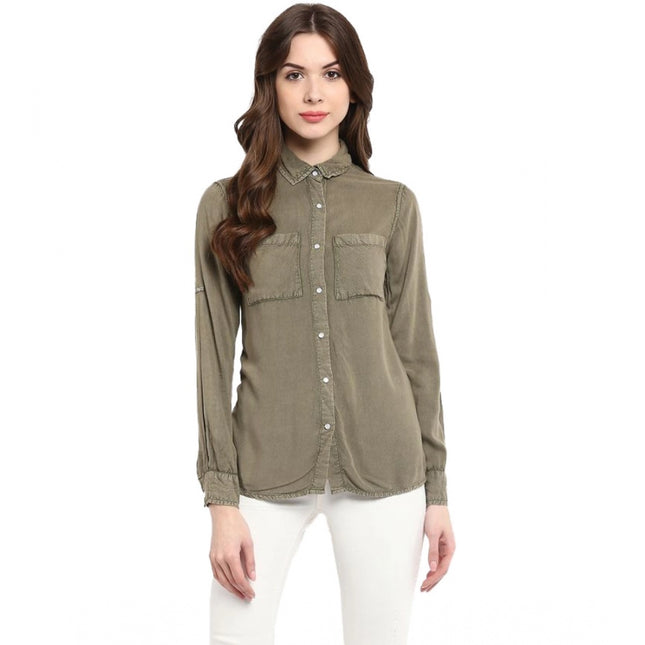 Rosolly Women's Rayon Solid Long Sleeves Standard Length Shirt (Olive Green)