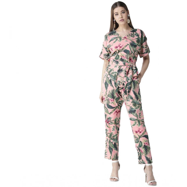 Rosolly Women's Polyester Floral Half Sleeve Jumpsuit (Pink)