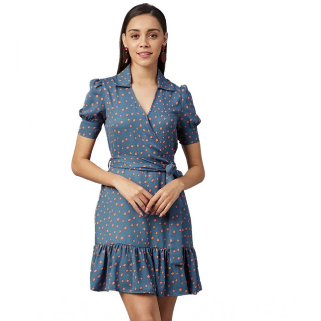 Rosolly Women's Polyester Polka Short Sleeve Above Knee Dress (Grey - Coral)