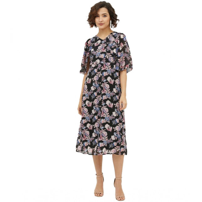 Rosolly Women's Polyester Chain Print Cap Sleeve Calf-length Dress (Multicolor)