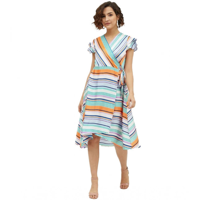 Rosolly Women's Satin Striped Short Sleeve Knee-Length Dress (Multicolor)
