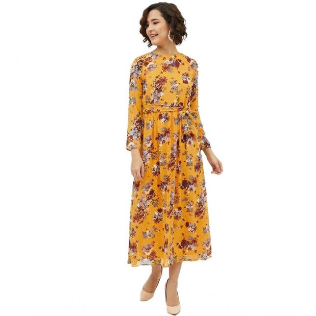 Rosolly Women's Polyester Floral Long Sleeves Calf-length Dress (Multicolor)
