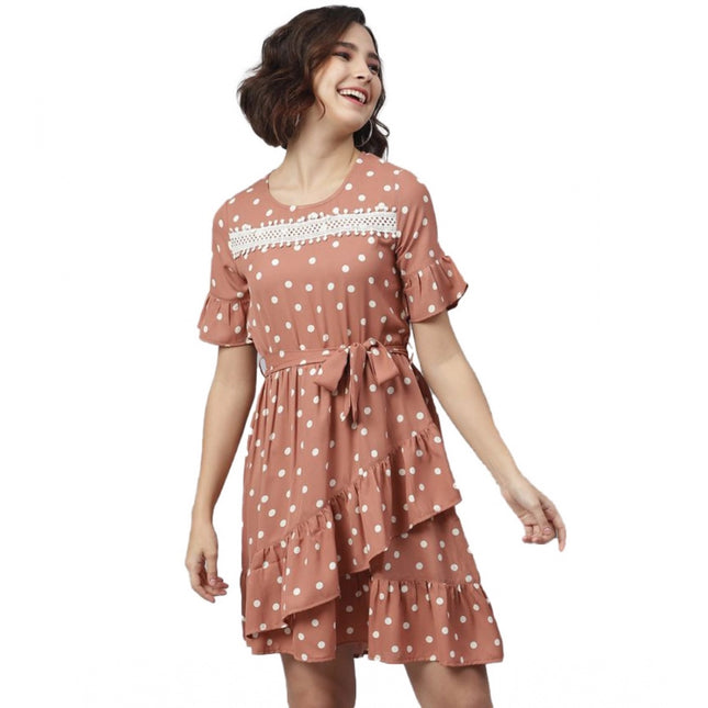 Rosolly Women's Polyester Polka Bell Sleeve Above Knee Dress (Brown)