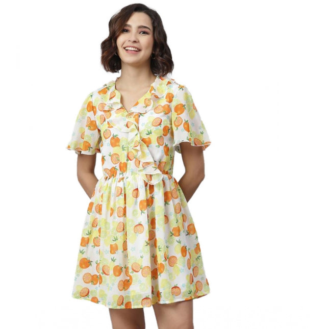 Rosolly Women's Polyester Printed Flutter Above Knee Dress (Yellow - Orange)