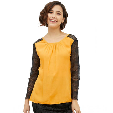 Rosolly Women's Rayon Lace Inserts Long Sleeves Top (Yellow)