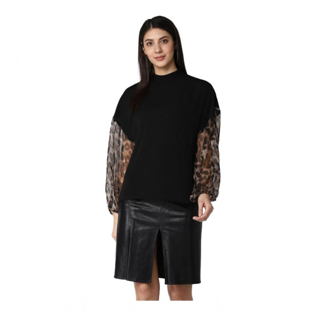 Rosolly Women's Polyester Animal Print Long Sleeves Top (Black)