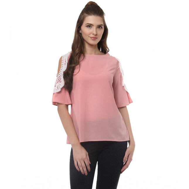 Rosolly Women's Polyester Lace Inserts Half Sleeve Top (Pink)
