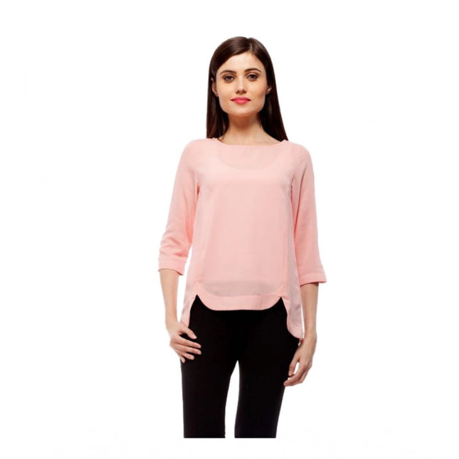 Rosolly Women's Polyester Solid 3-4th Sleeves Regular Top (Peach)