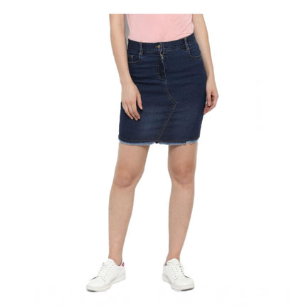 Rosolly Women's Denim Stitching Pattern Buttoned Skirt (Blue)