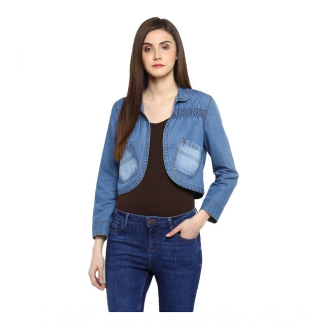 Rosolly Women's Denim Smocking 3-4th Sleeves Shrug (Blue)