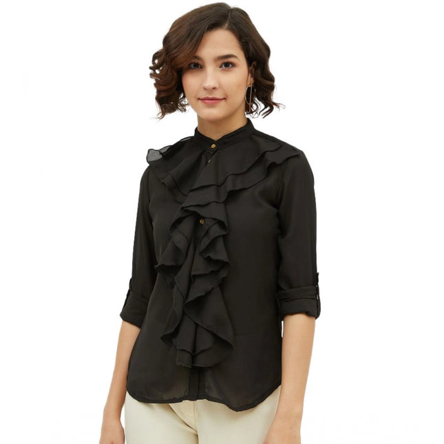 Rosolly Women's Polyester Ruffled Long Sleeves Standard Length Shirt (Black)